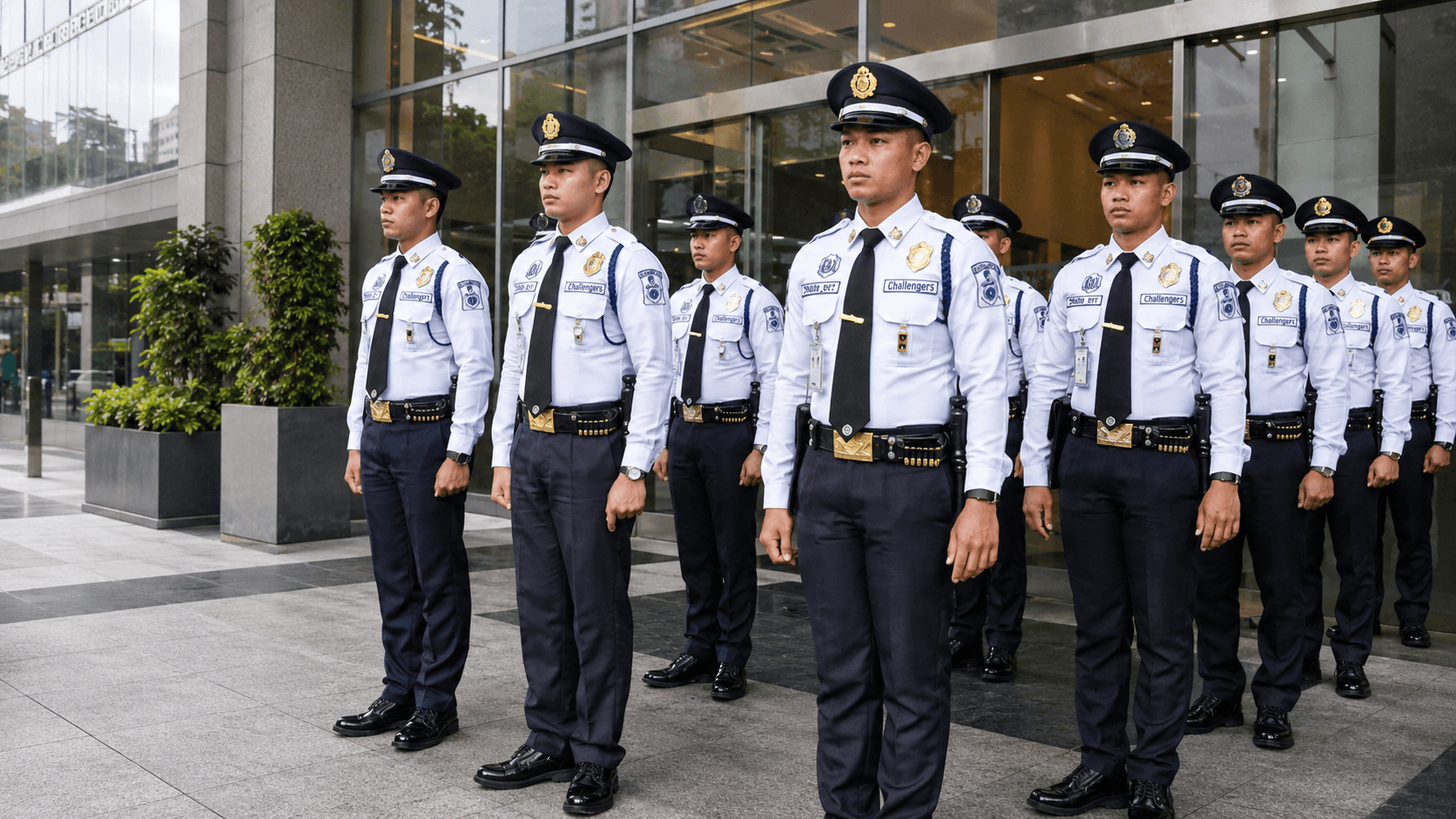 A uniformed security officer holding the glass door of a corporate lobby at dawn