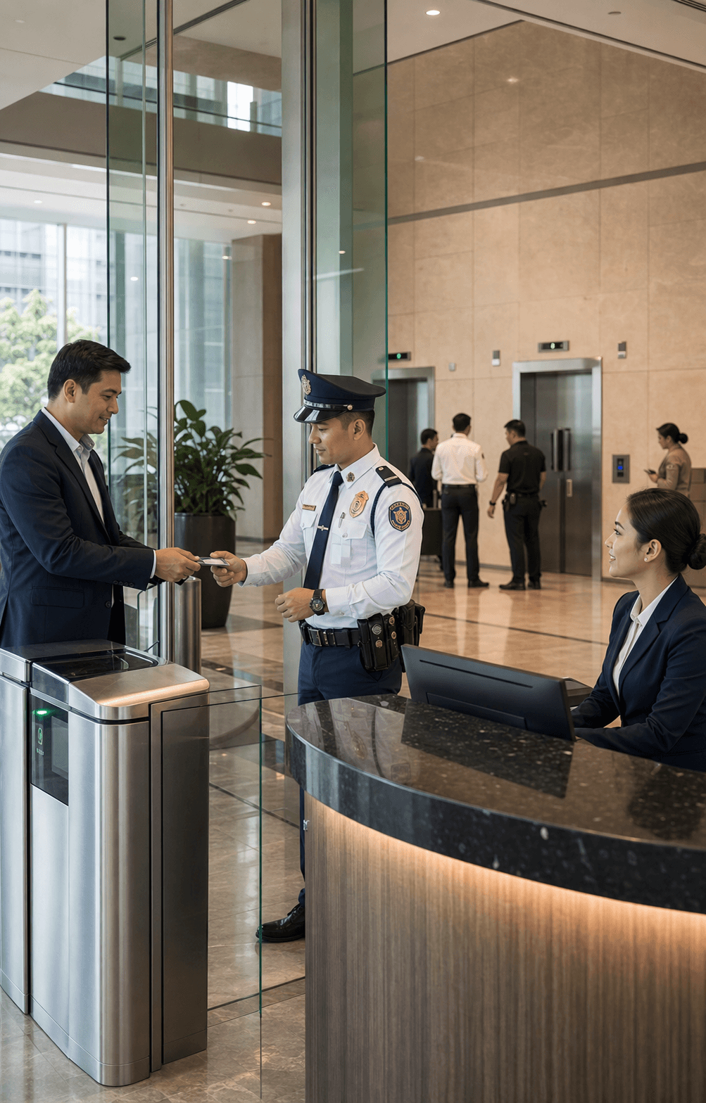 Security personnel coordinating visitor access in a corporate lobby