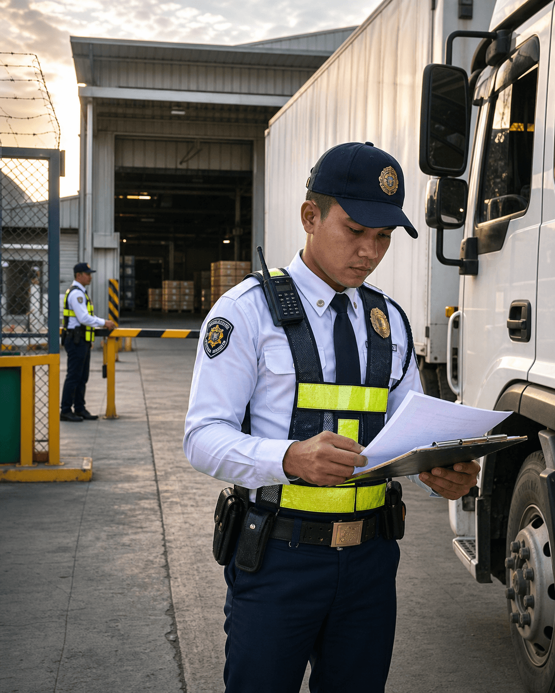Security guard inspecting delivery access at a warehouse gate