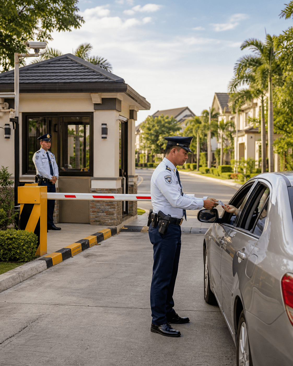 Security guard verifying access at a residential subdivision gate
