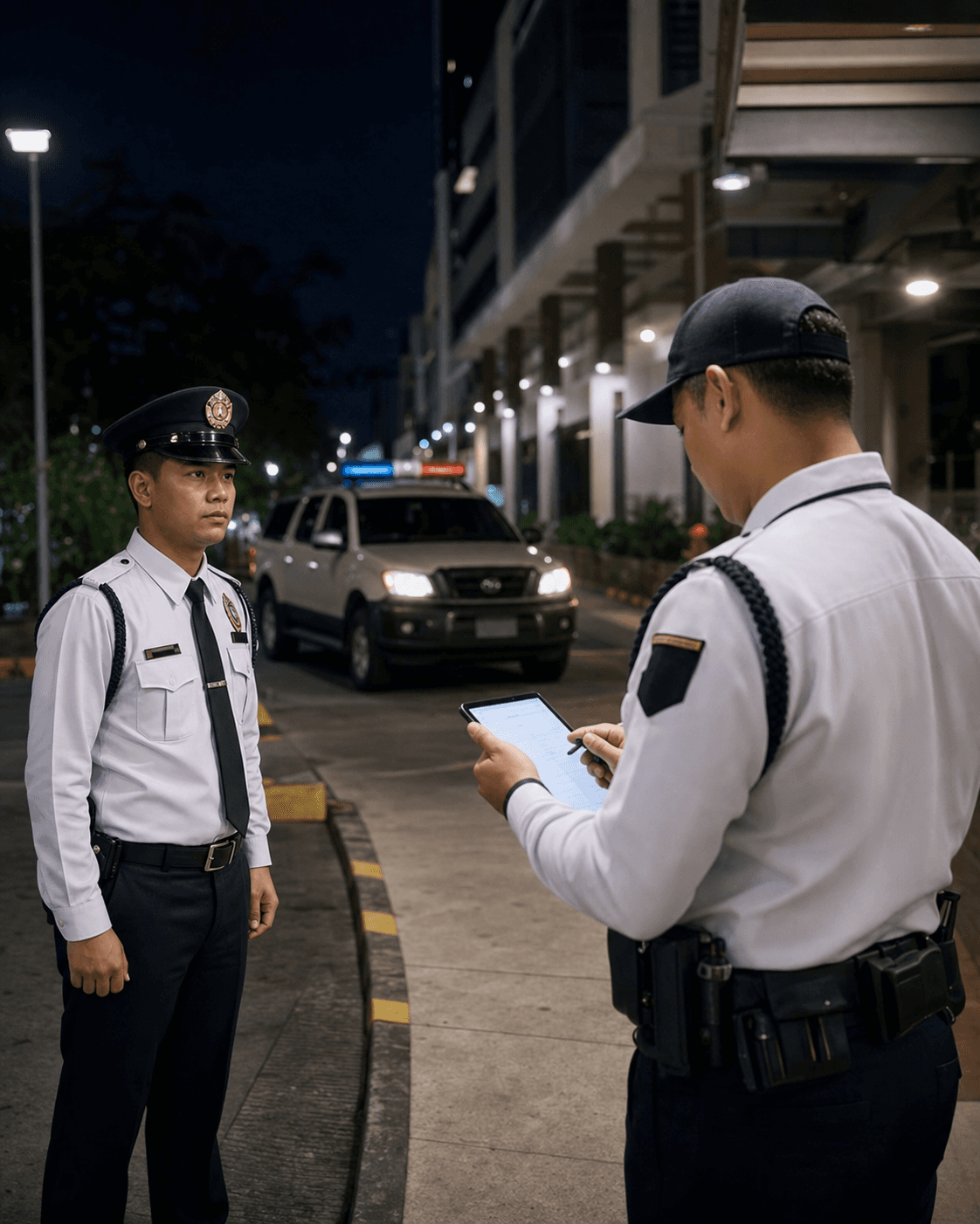 Field supervisor inspecting a posted guard during a roving patrol