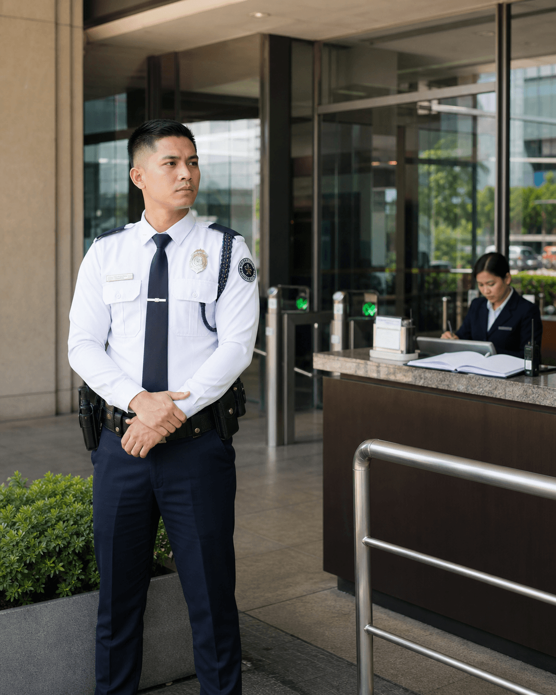 Security guard stationed at a commercial building access-control post