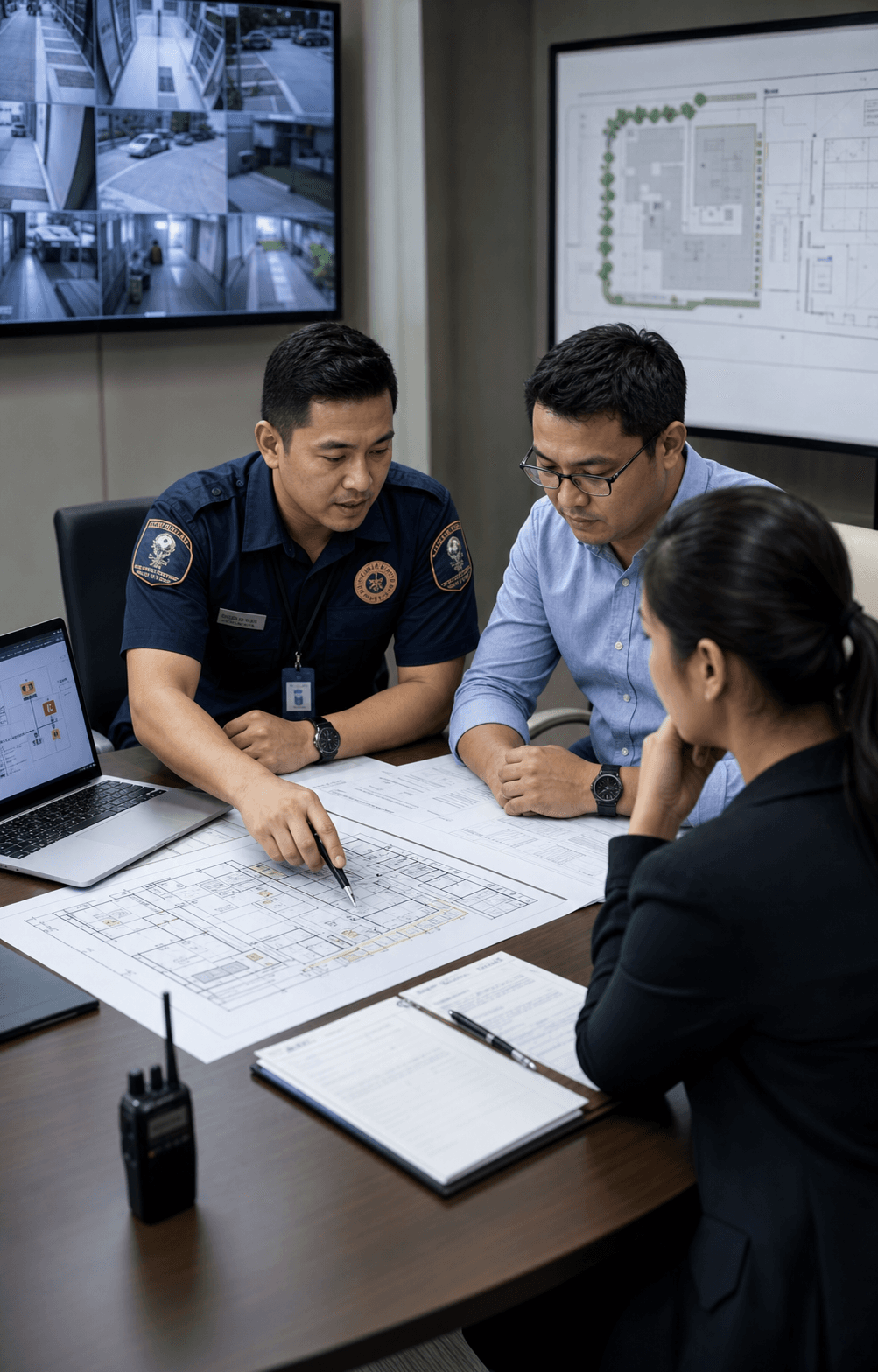 Security consultant reviewing a site plan during a risk assessment