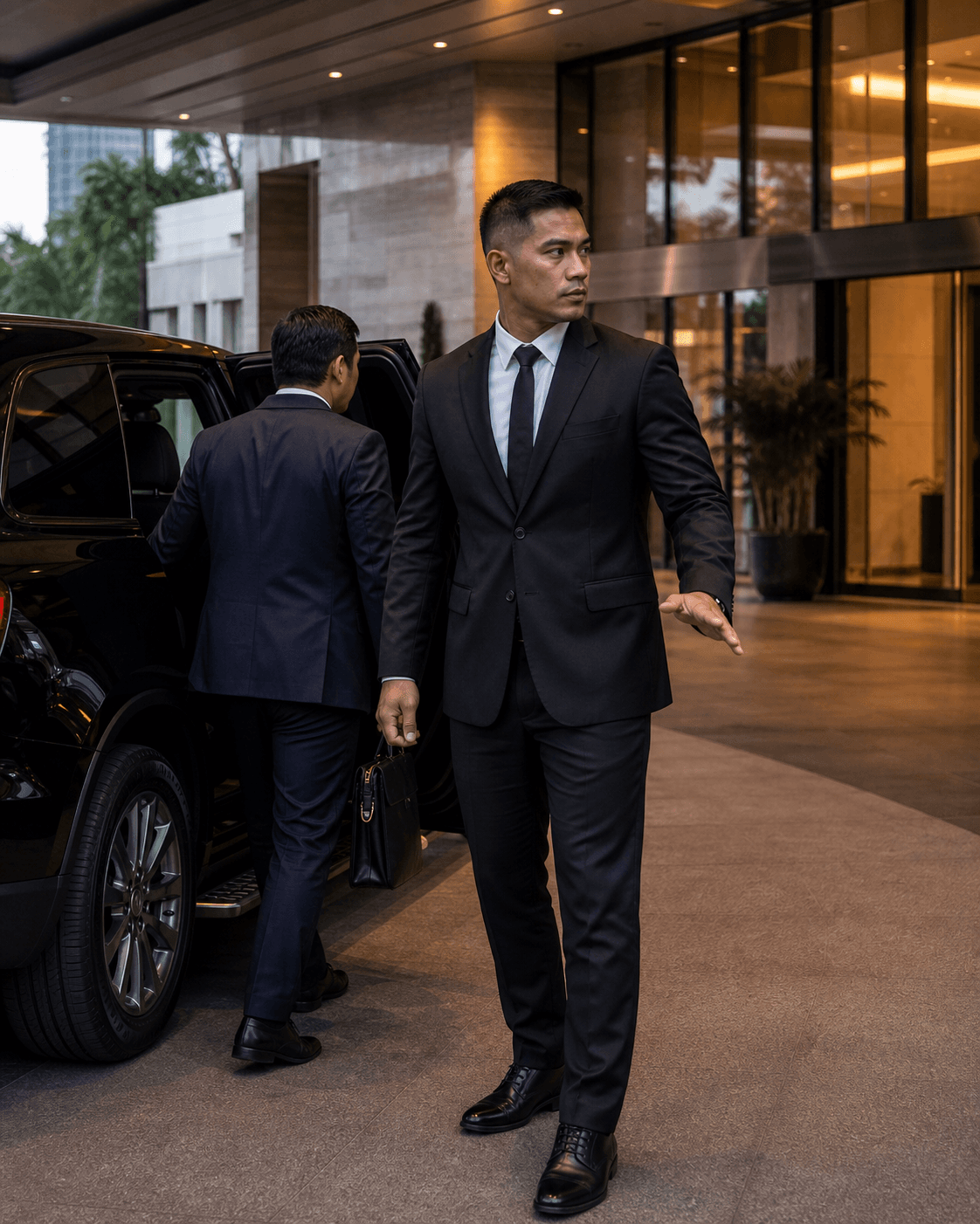Executive protection officer guiding a principal at a corporate entrance